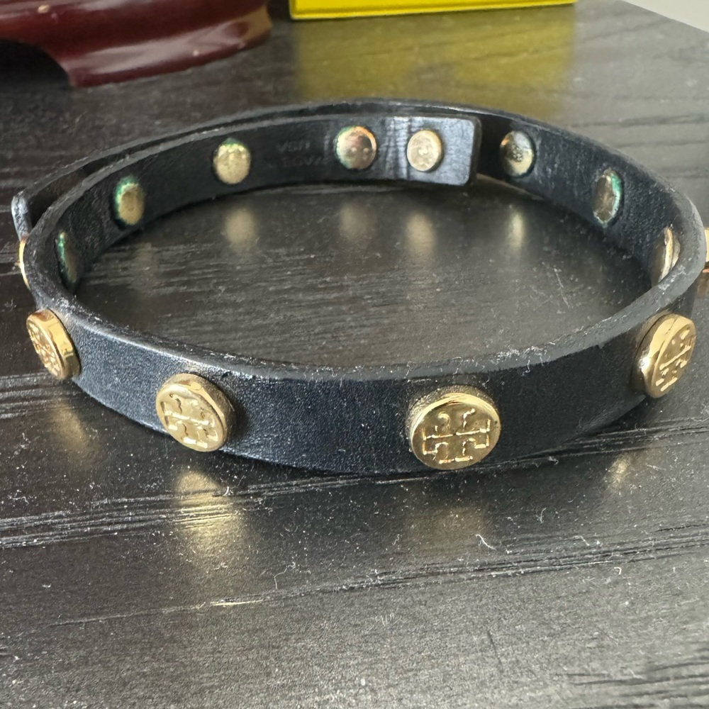 Tory Burch Black Leather Bracelet with Gold Studs